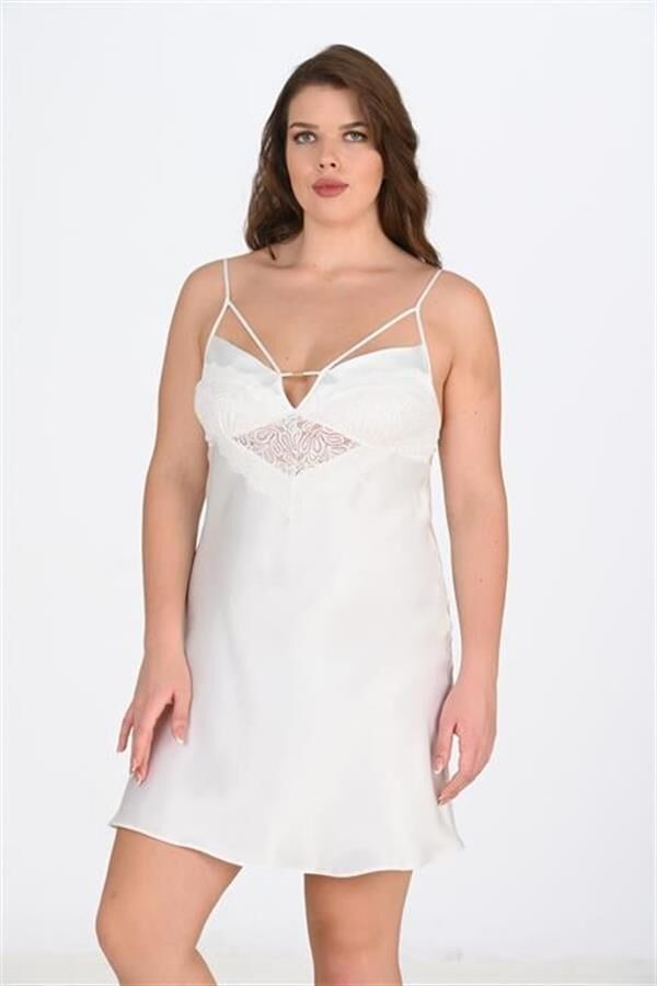 Arias Closet Premium Büyük Beden Saten Dantel İşlemeli Ekru Gecelik Bigsize