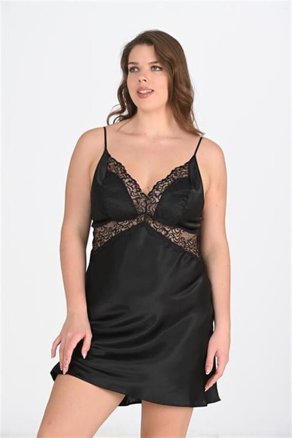 Arias Closet Premium Büyük Beden Saten Dantel İşlemeli Siyah 2'li Gecelik Sabahlık Takımı Bigsize