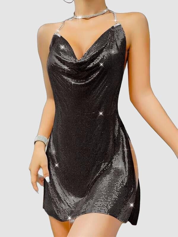 Özel Tasarım Siyah Payetli Zincir Detaylı Parlak Işıltılı Sırt Dekolteli Fantezi Mini Club Elbisesi