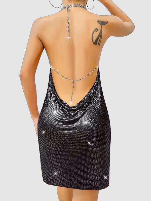 Özel Tasarım Siyah Payetli Zincir Detaylı Parlak Işıltılı Sırt Dekolteli Fantezi Mini Club Elbisesi