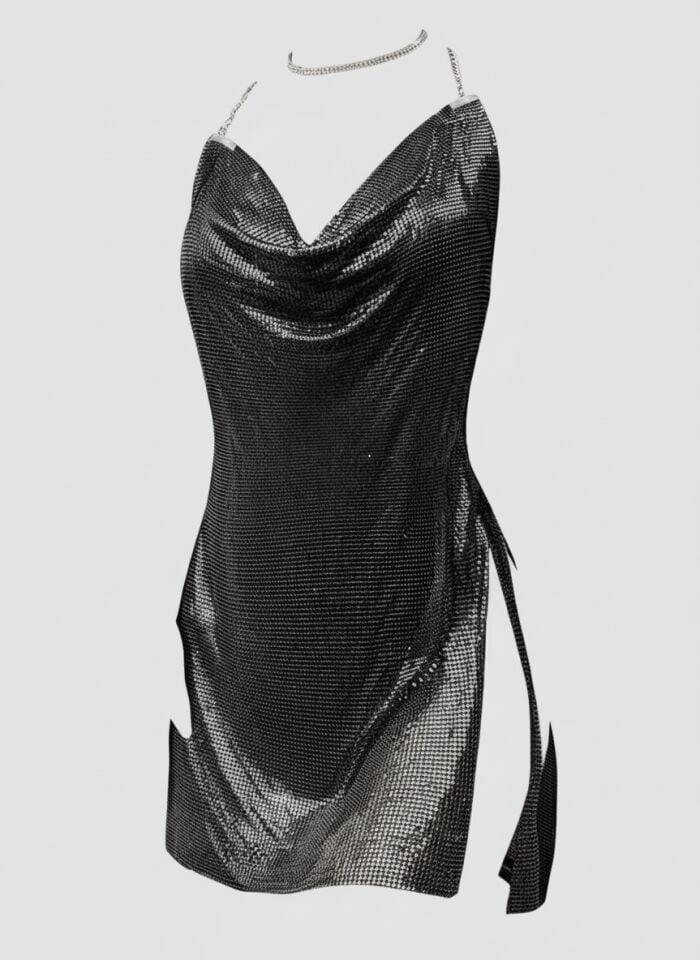 Arias Closet Özel Tasarım Siyah Payetli Zincir Detaylı Parlak Işıltılı Sırt Dekolteli Fantezi Mini Club Elbisesi