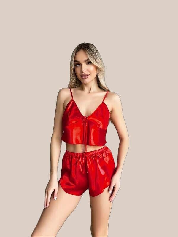 Arias Closet Kırmızı İnce Askılı Saten Şortlu Takım