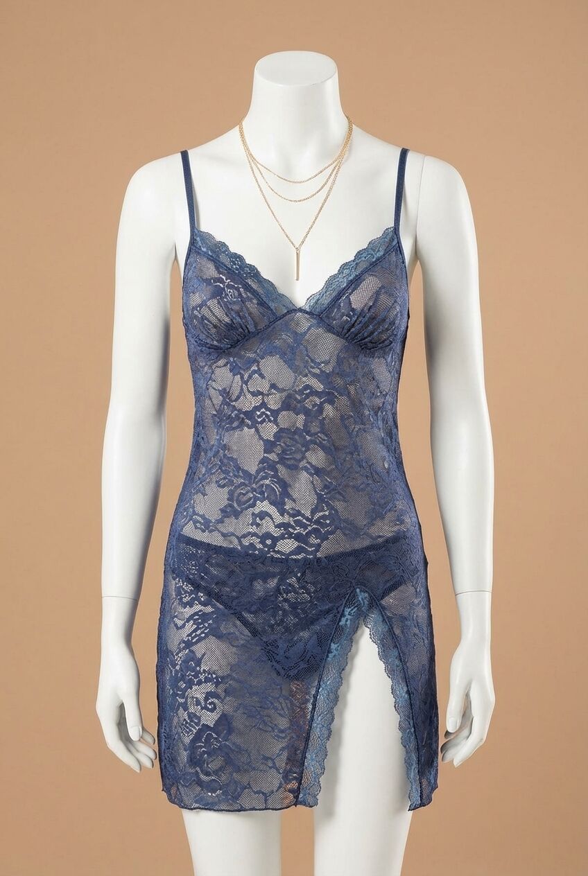 Lacivert Kısa Jakarlı Gecelik