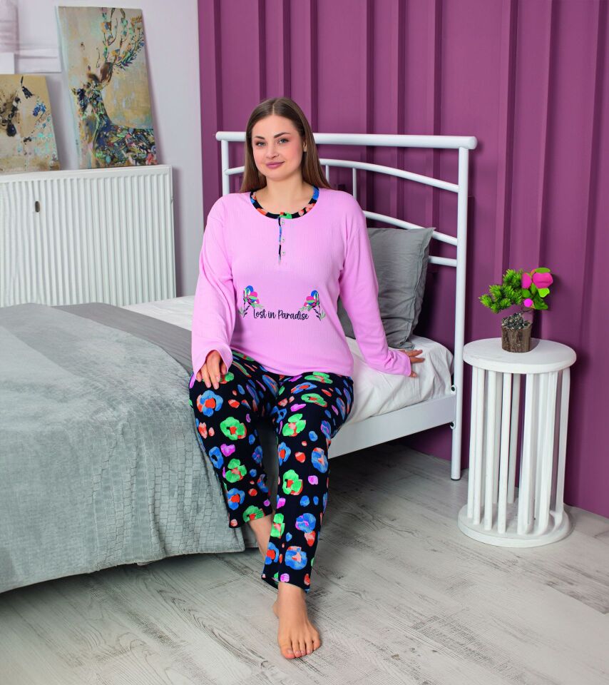 Tekten 5430 Bayan Battal Beden Uzun Kollu Pijama Takım 4'lü
