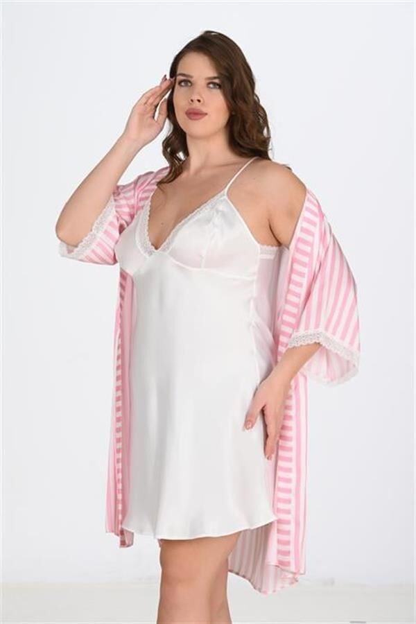 Arias Closet Premium Büyük Beden Saten Dantel İşlemeli Beyaz-Pembe 2'li Gecelik Sabahlık Takımı Bigsize