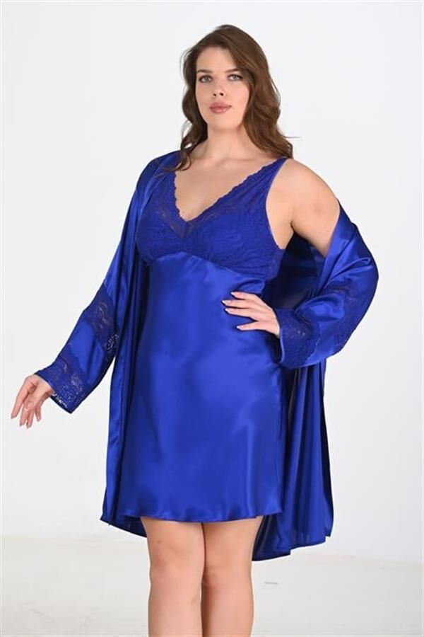 Arias Closet Premium Büyük Beden Saten Dantel İşlemeli Saks 2'li Gecelik Sabahlık Takımı Bigsize