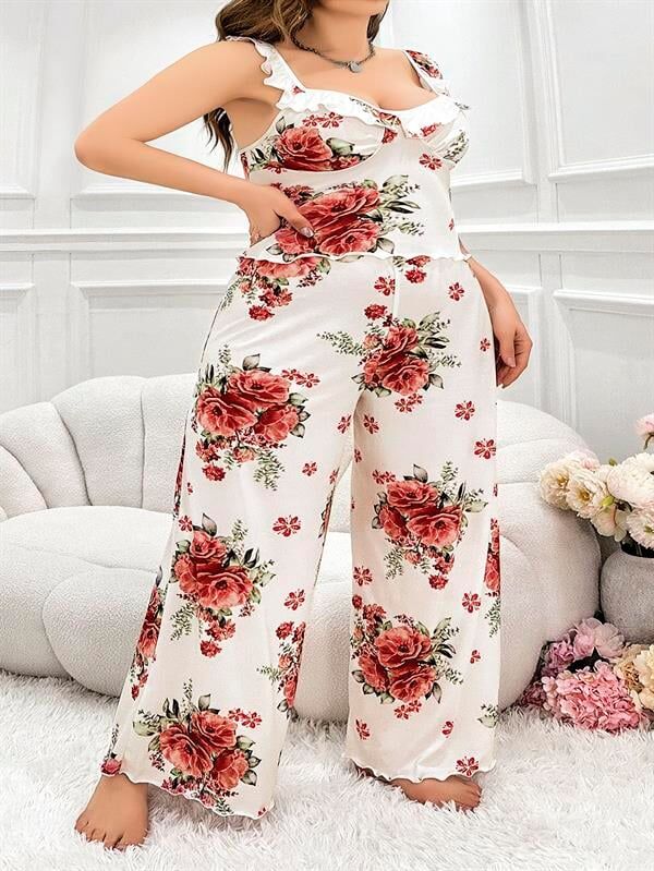 Arias Closet Büyük Beden Gül Desenli İnce Askılı Beyaz Salaş 2'li Takım