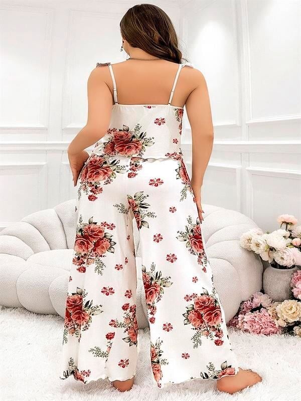 Arias Closet Büyük Beden Gül Desenli İnce Askılı Beyaz Salaş 2'li Takım