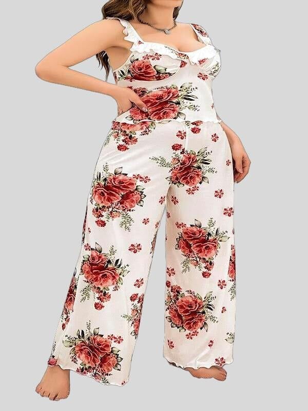 Arias Closet Büyük Beden Gül Desenli İnce Askılı Beyaz Salaş 2'li Takım