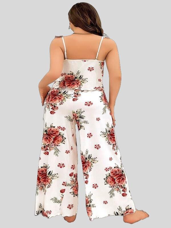 Büyük Beden Gül Desenli İnce Askılı Beyaz Salaş 2'li Takım