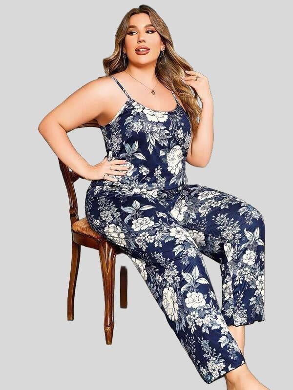 Arias Closet Büyük Beden Çiçek Desenli İnce Askılı Lacivert 2'li Takım