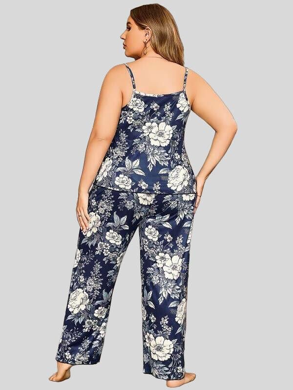 Büyük Beden Çiçek Desenli İnce Askılı Lacivert 2'li Takım