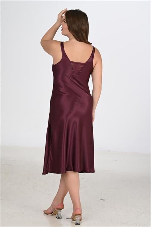 Arias Closet Premium Büyük Beden Saten Dantel İşlemeli Mürdüm Uzun 2'li Gecelik Sabahlık Takımı Bigsize