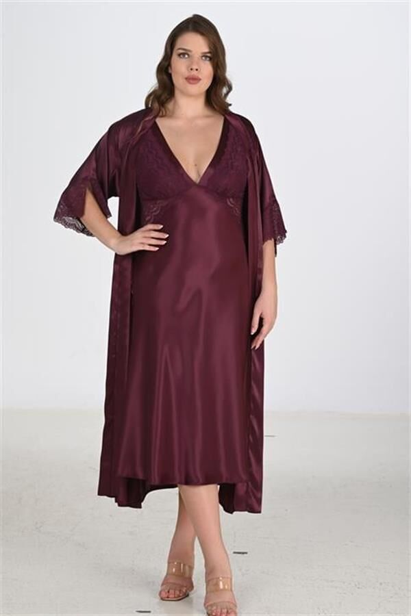 Arias Closet Premium Büyük Beden Saten Dantel İşlemeli Mürdüm Uzun 2'li Gecelik Sabahlık Takımı Bigsize