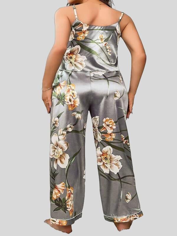 Arias Closet Büyük Beden Çiçek Desenli İnce Askılı Gri 2'li Takım