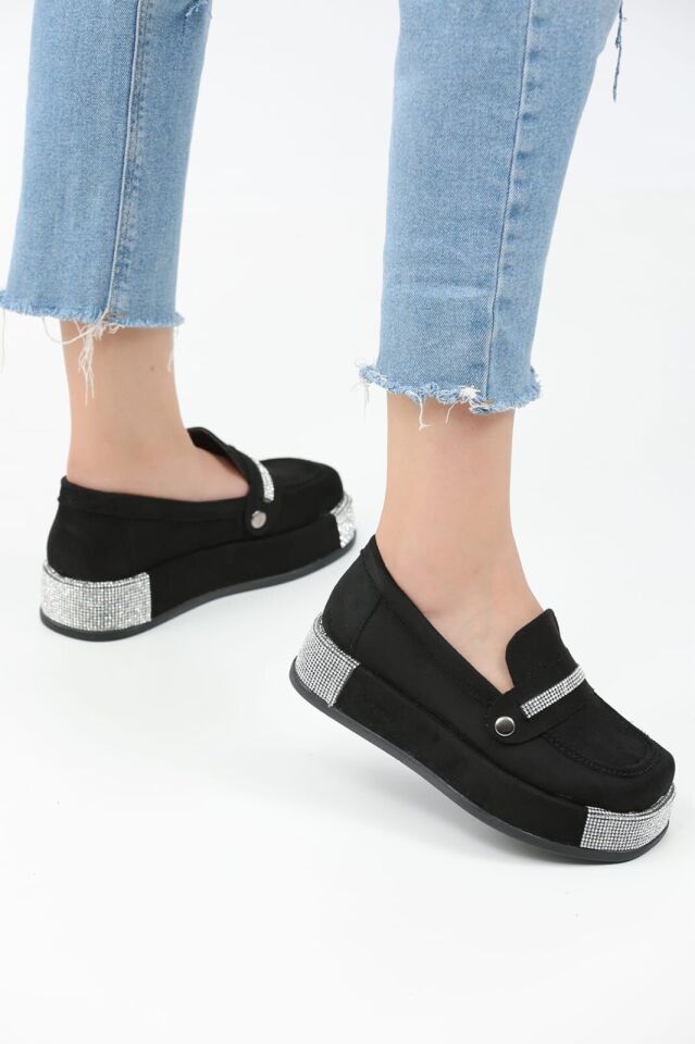 Loafers Platform Topuklu Taşlı Günlük Kadın Süet Siyah Ayakkabı