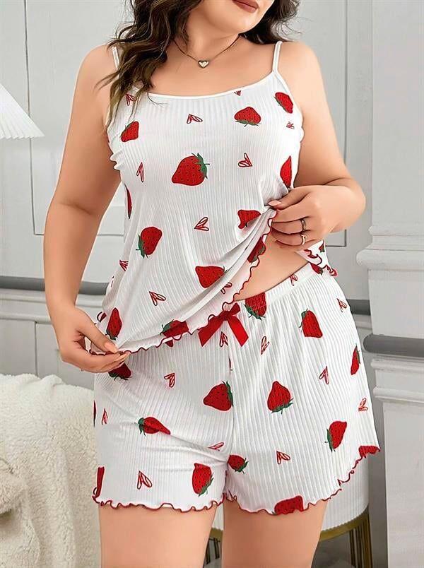 Arias Closet Büyük Beden Çilek Desen Pamuklu Şortlu Pijama Takımı