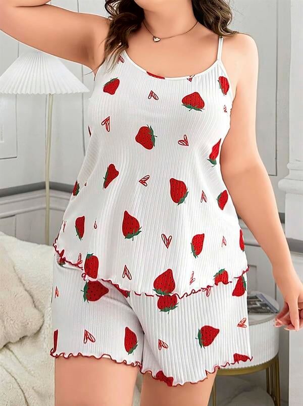 Arias Closet Büyük Beden Çilek Desen Pamuklu Şortlu Pijama Takımı