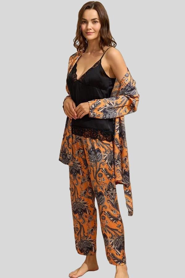 Kadın Saten Çiçek Baskılı Sabahlık Dantelli Atlet ve Pantolon Pijama 3'lü Takım