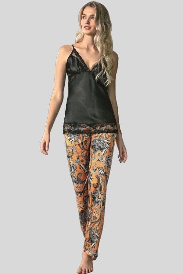 Kadın Saten Çiçek Baskılı Sabahlık Dantelli Atlet ve Pantolon Pijama 3'lü Takım