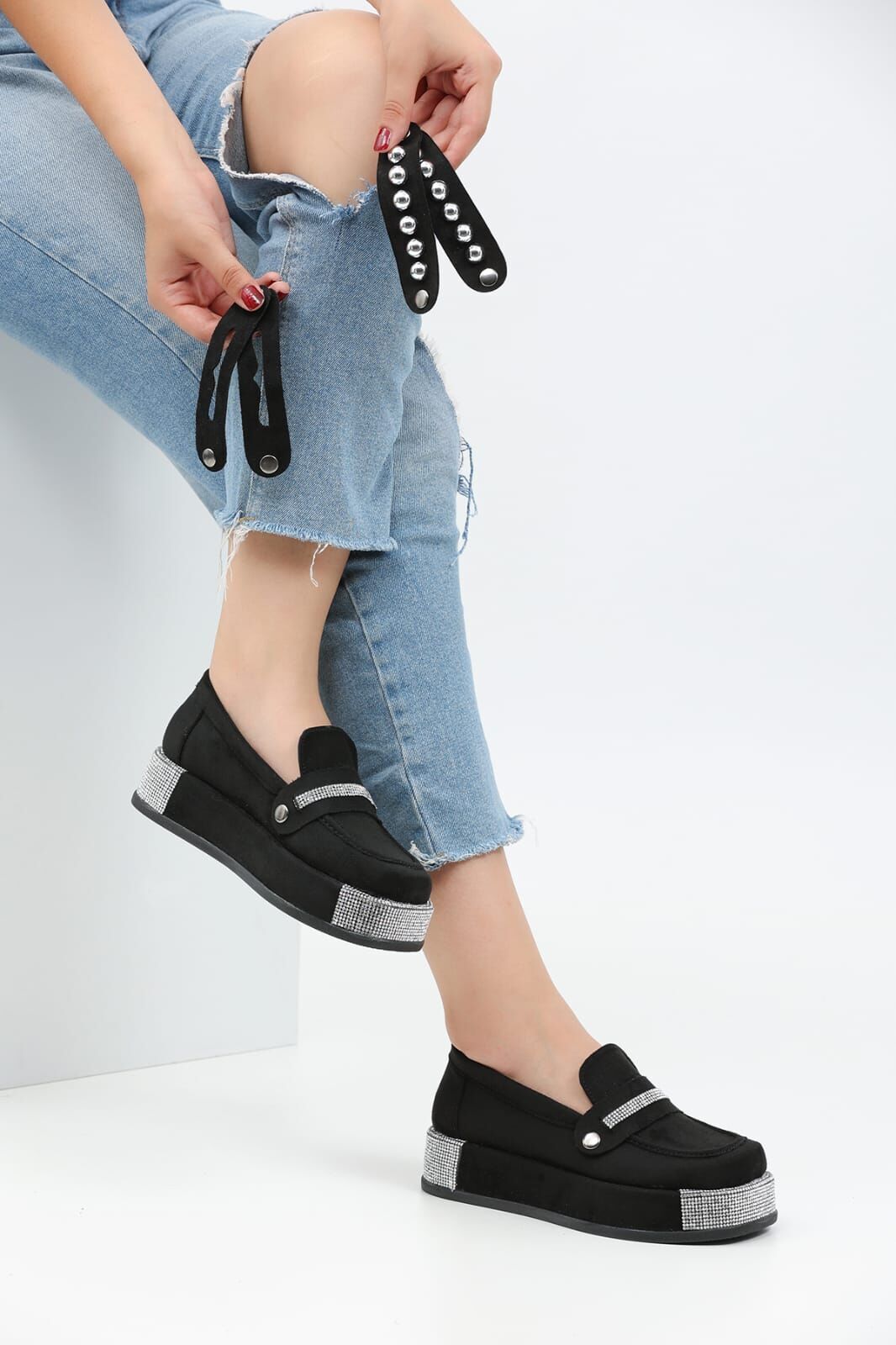 Loafers Platform Topuklu Taşlı Günlük Kadın Süet Siyah Ayakkabı 37