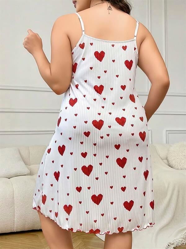 Arias Closet Büyük Beden Kalp Desen Pamuklu İnce Askılı Uzun Gecelik
