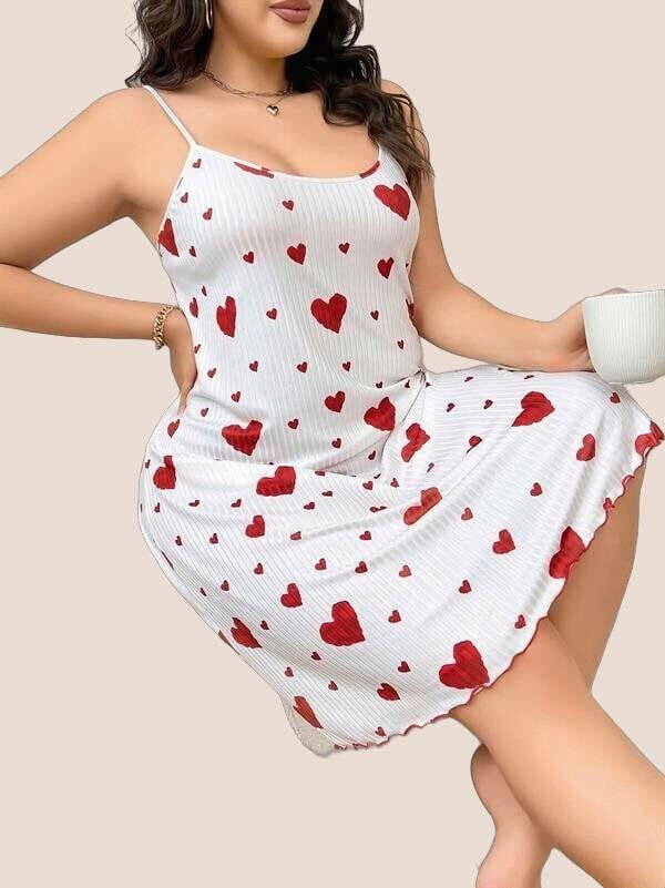 Arias Closet Büyük Beden Kalp Desen Pamuklu İnce Askılı Uzun Gecelik