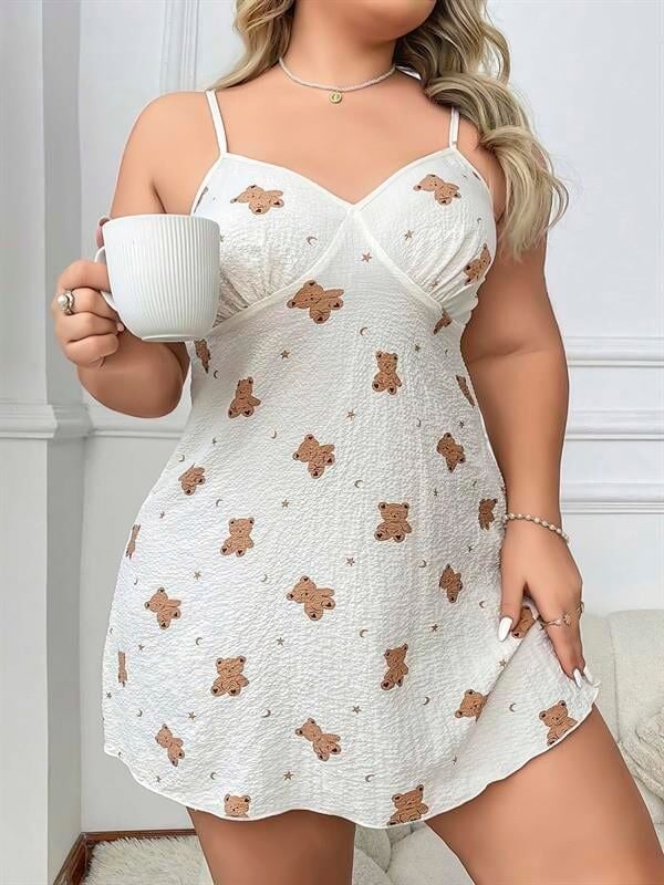 Arias Closet Büyük Beden Ayıcık Desenli Pamuklu İnce Askılı Mini Gecelik