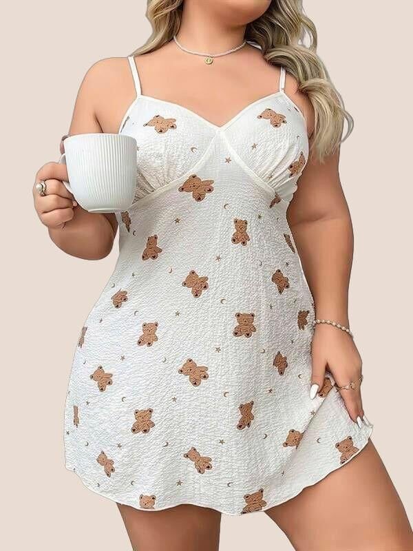 Arias Closet Büyük Beden Ayıcık Desenli Pamuklu İnce Askılı Mini Gecelik