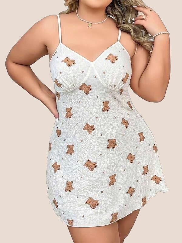 Büyük Beden Ayıcık Desenli Pamuklu İnce Askılı Mini Gecelik