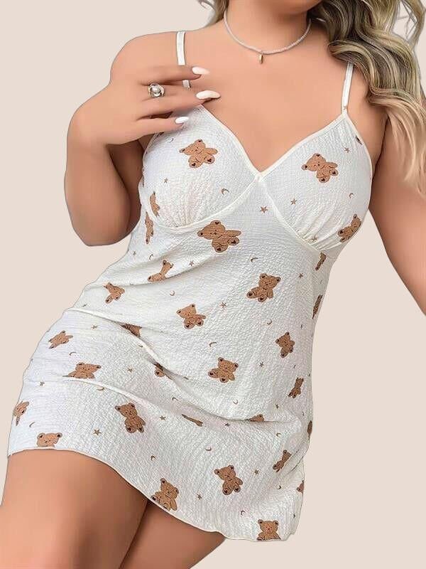 Büyük Beden Ayıcık Desenli Pamuklu İnce Askılı Mini Gecelik