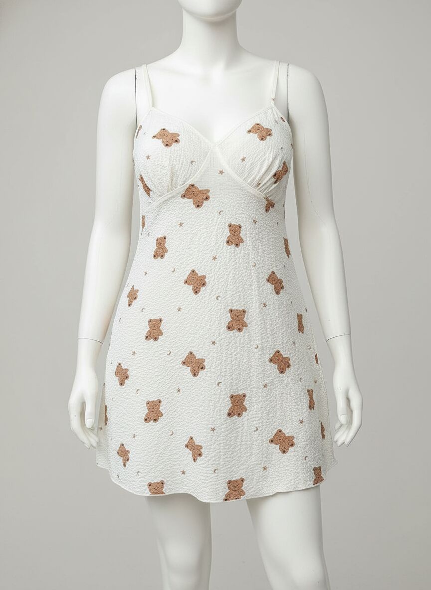 Arias Closet Büyük Beden Ayıcık Desenli Pamuklu İnce Askılı Mini Gecelik