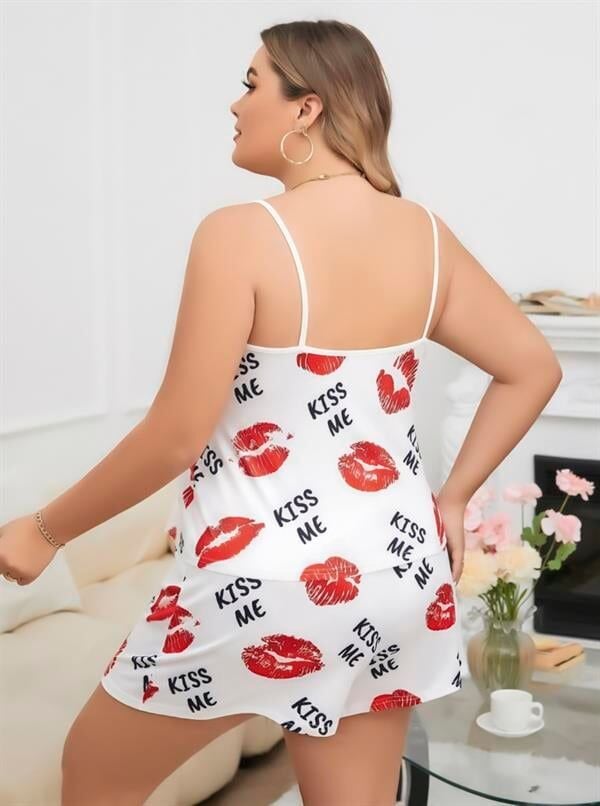 Arias Closet Büyük Beden Kiss Me Öpücük Desen Pamuklu Şortlu Pijama Takımı