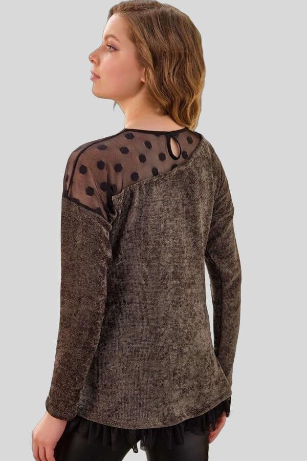 Kadın Puantiyeli Tüllü Uzun Kollu Sweatshirt ve Deri Görünümlü Tayt Takım