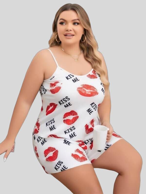 Arias Closet Büyük Beden Kiss Me Öpücük Desen Pamuklu Şortlu Pijama Takımı