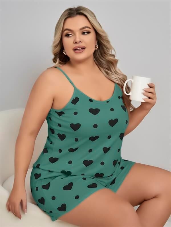 Arias Closet Büyük Beden Yeşil Kalp Desen Pamuklu Şortlu Pijama Takımı