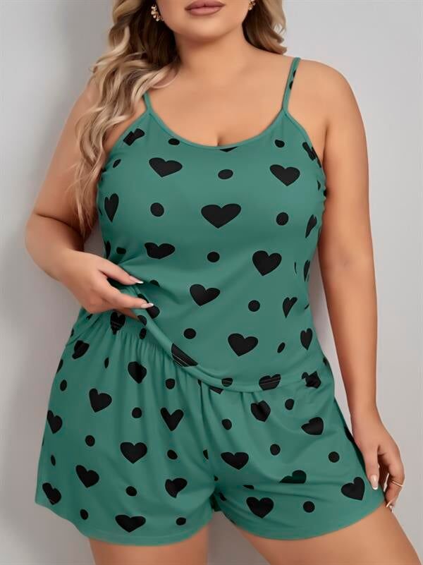 Arias Closet Büyük Beden Yeşil Kalp Desen Pamuklu Şortlu Pijama Takımı