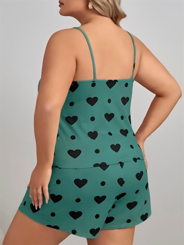 Arias Closet Büyük Beden Yeşil Kalp Desen Pamuklu Şortlu Pijama Takımı