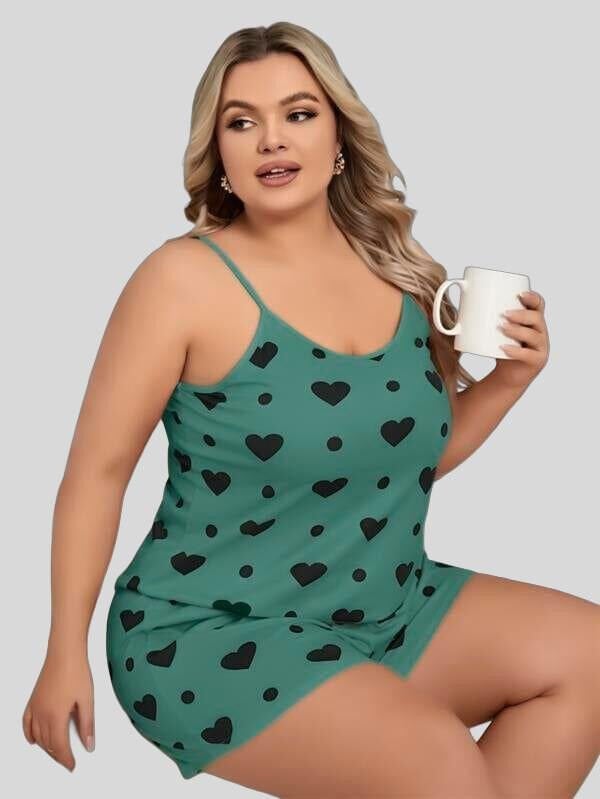 Arias Closet Büyük Beden Yeşil Kalp Desen Pamuklu Şortlu Pijama Takımı