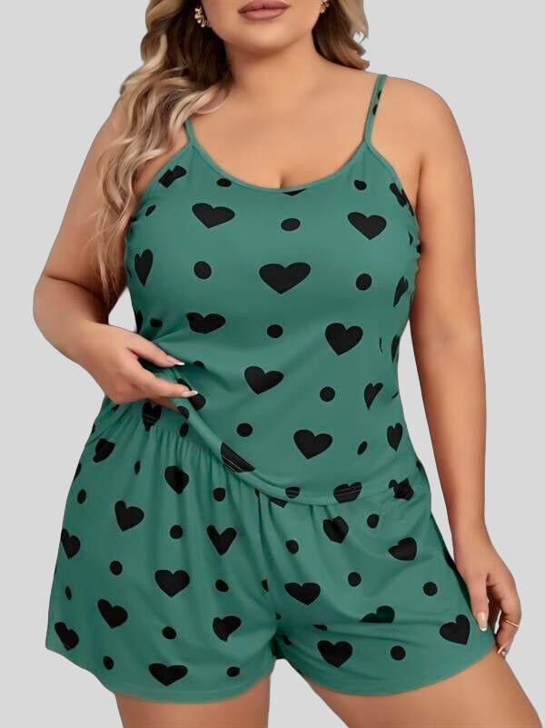 Arias Closet Büyük Beden Yeşil Kalp Desen Pamuklu Şortlu Pijama Takımı