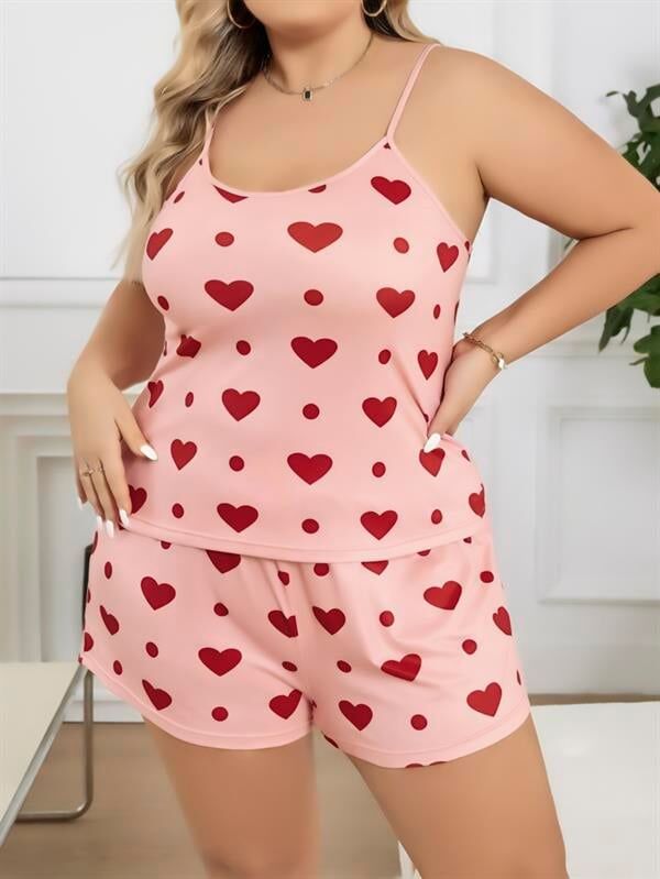 Arias Closet Büyük Beden Pembe Kalp Desen Pamuklu Şortlu Pijama Takımı