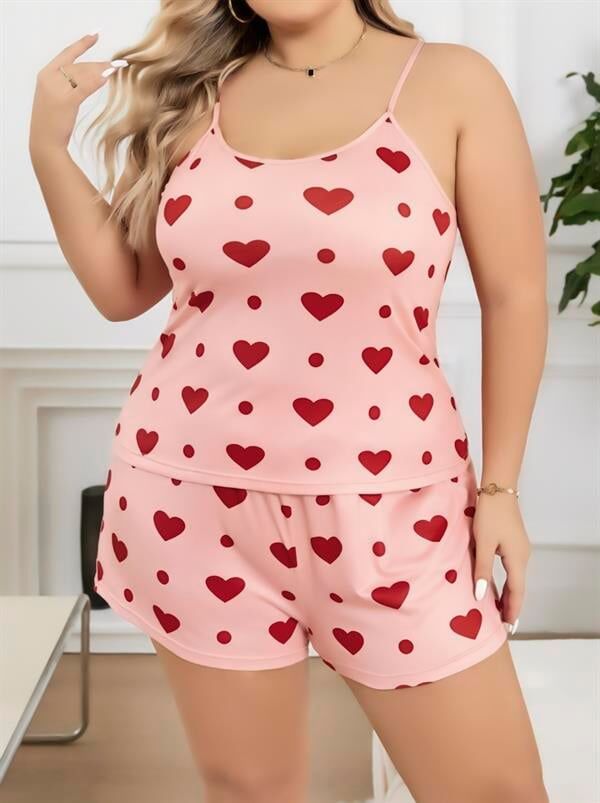 Arias Closet Büyük Beden Pembe Kalp Desen Pamuklu Şortlu Pijama Takımı