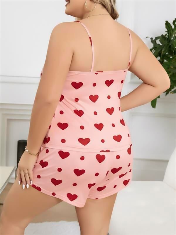 Arias Closet Büyük Beden Pembe Kalp Desen Pamuklu Şortlu Pijama Takımı