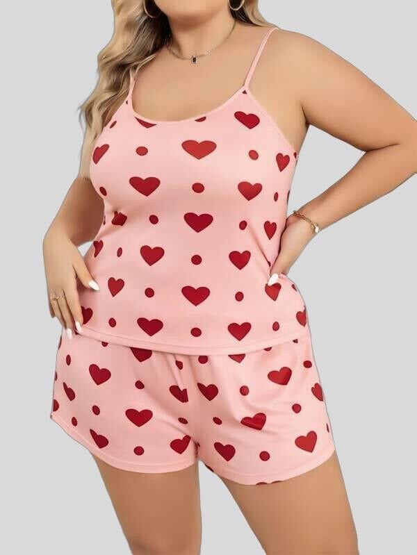 Arias Closet Büyük Beden Pembe Kalp Desen Pamuklu Şortlu Pijama Takımı