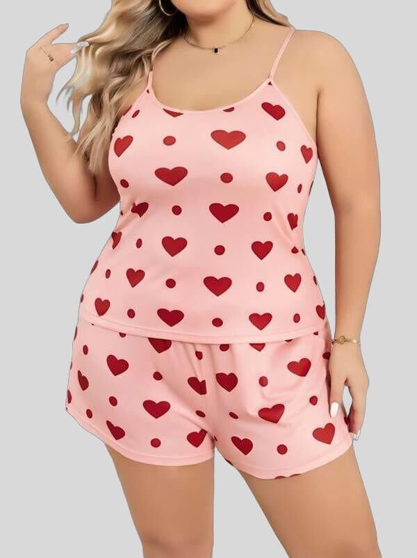 Arias Closet Büyük Beden Pembe Kalp Desen Pamuklu Şortlu Pijama Takımı