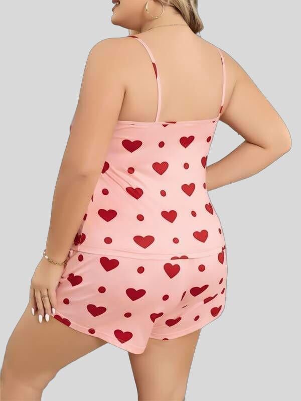 Arias Closet Büyük Beden Pembe Kalp Desen Pamuklu Şortlu Pijama Takımı