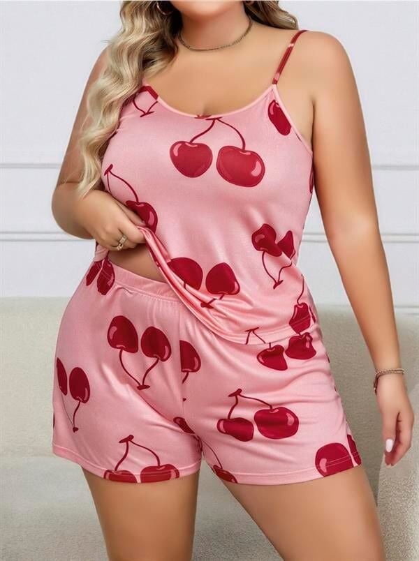 Arias Closet Büyük Beden Pembe Kiraz Desen İnce Askılı Pamuklu Şortlu Pijama Takımı