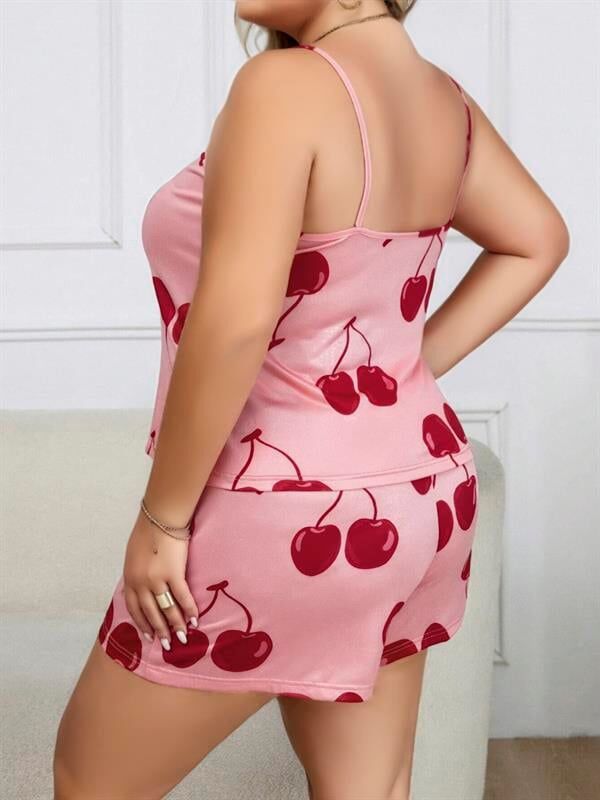 Arias Closet Büyük Beden Pembe Kiraz Desen İnce Askılı Pamuklu Şortlu Pijama Takımı