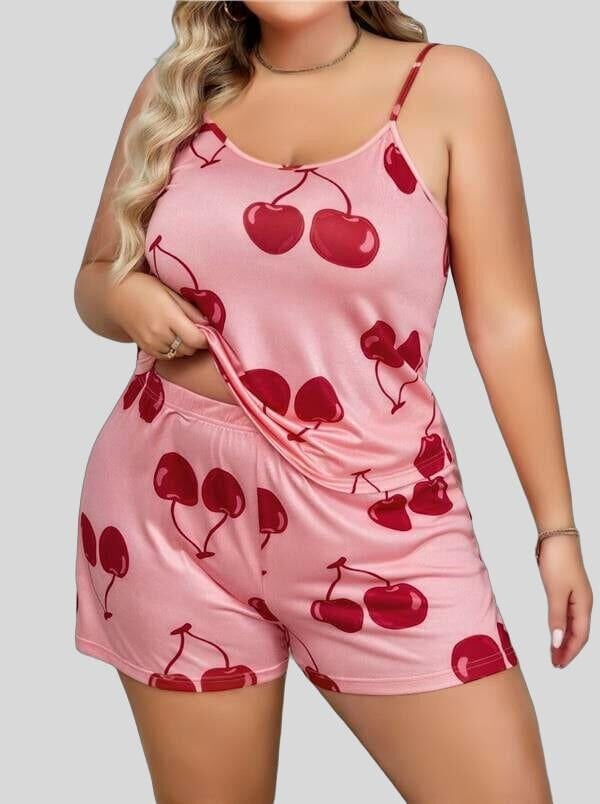 Arias Closet Büyük Beden Pembe Kiraz Desen İnce Askılı Pamuklu Şortlu Pijama Takımı