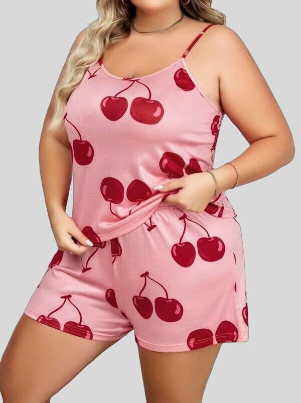 Arias Closet Büyük Beden Pembe Kiraz Desen İnce Askılı Pamuklu Şortlu Pijama Takımı